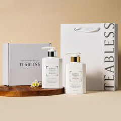 TEABLESS Perfume Body Lotion bottle highlights smooth, non-greasy hydration for sensitive skin.