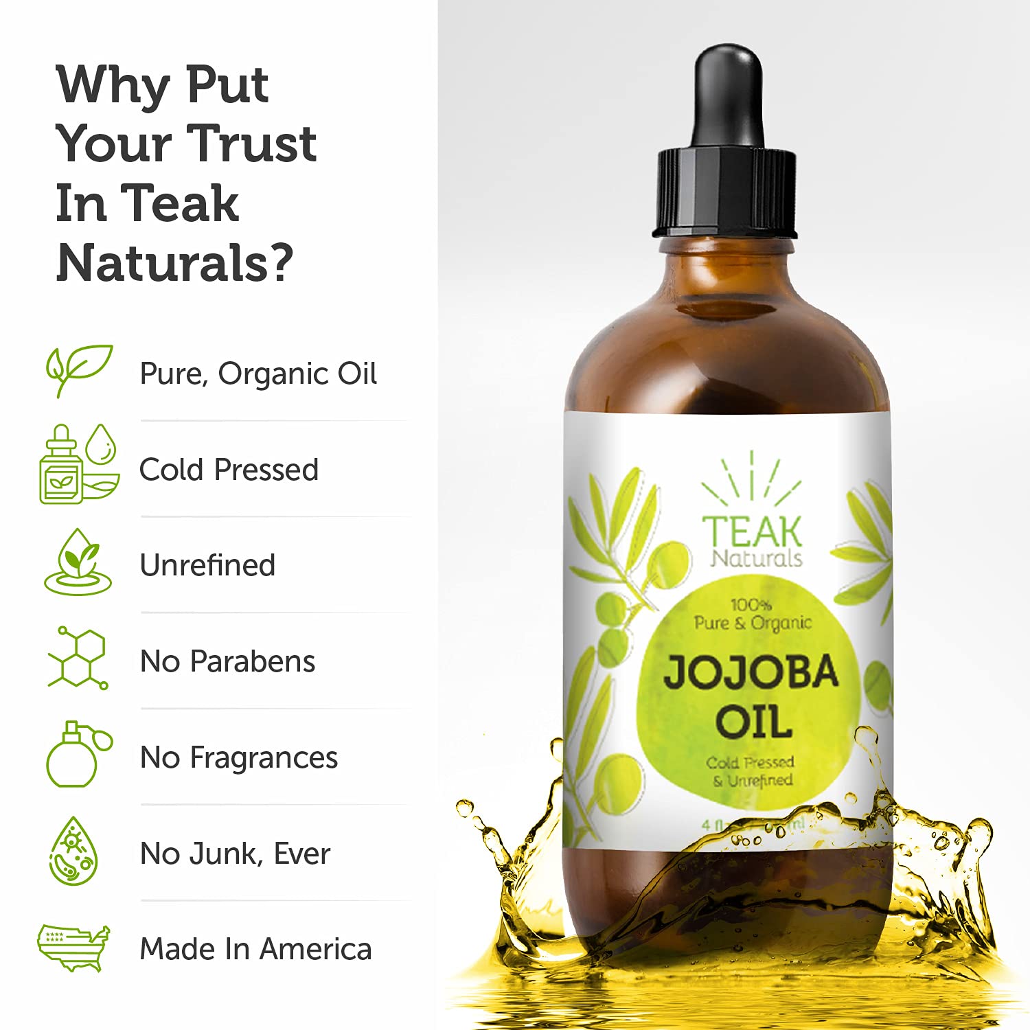 Teak Naturals Jojoba Oil on hair, adds shine and manageability.