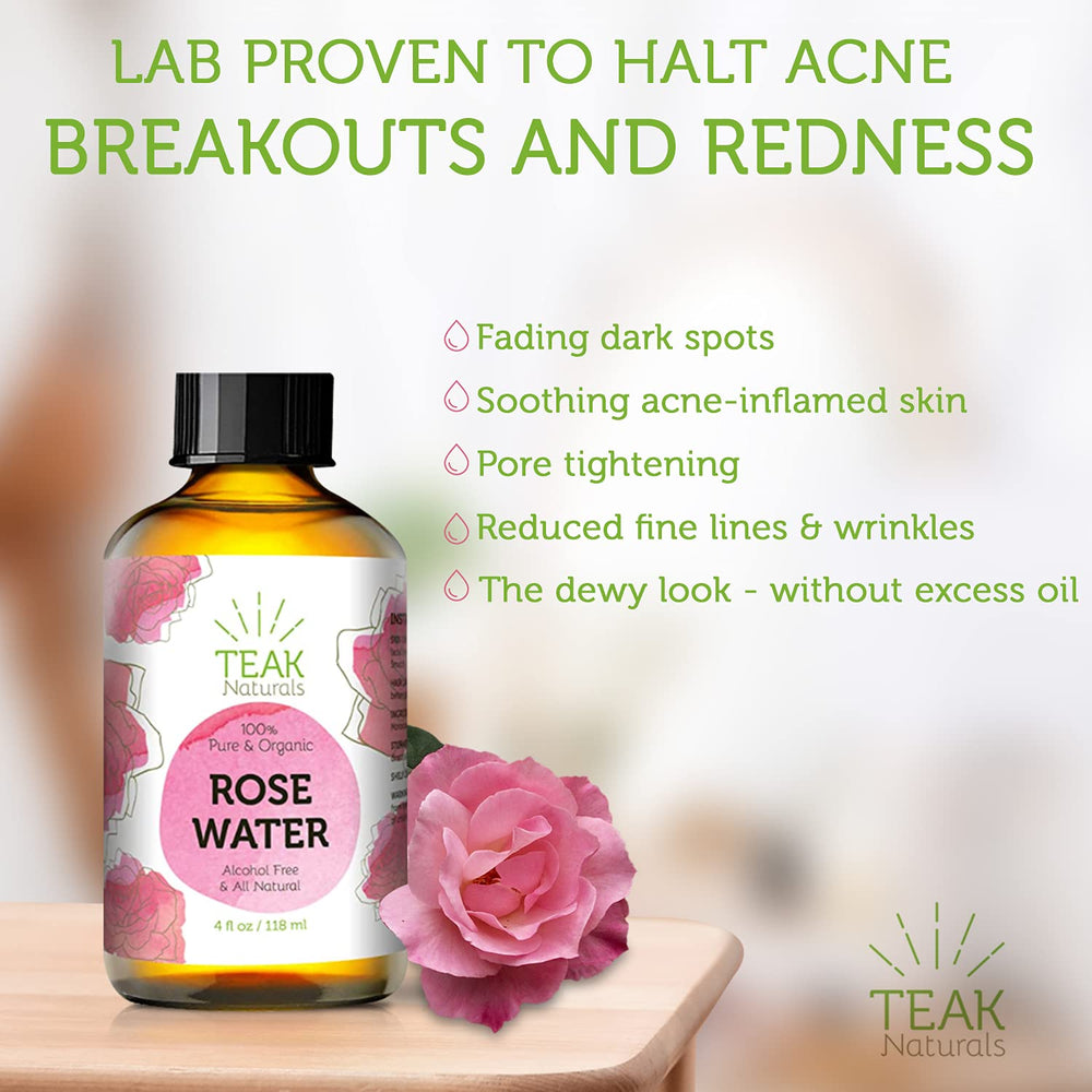 Teak Naturals Rose Water Toner in a sleek glass bottle
