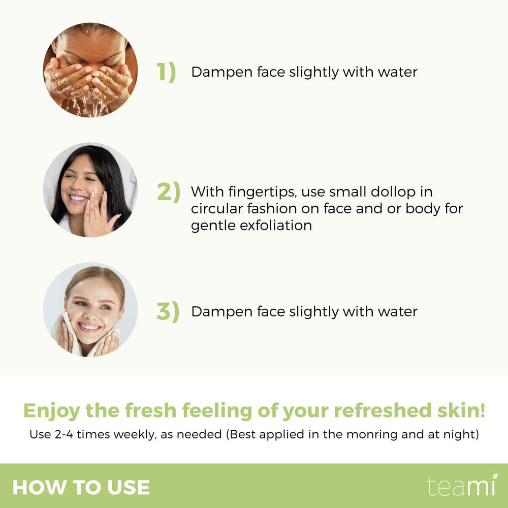 Teami face-body-scrub-usage-morning-night demonstrates versatile use on skin any time.