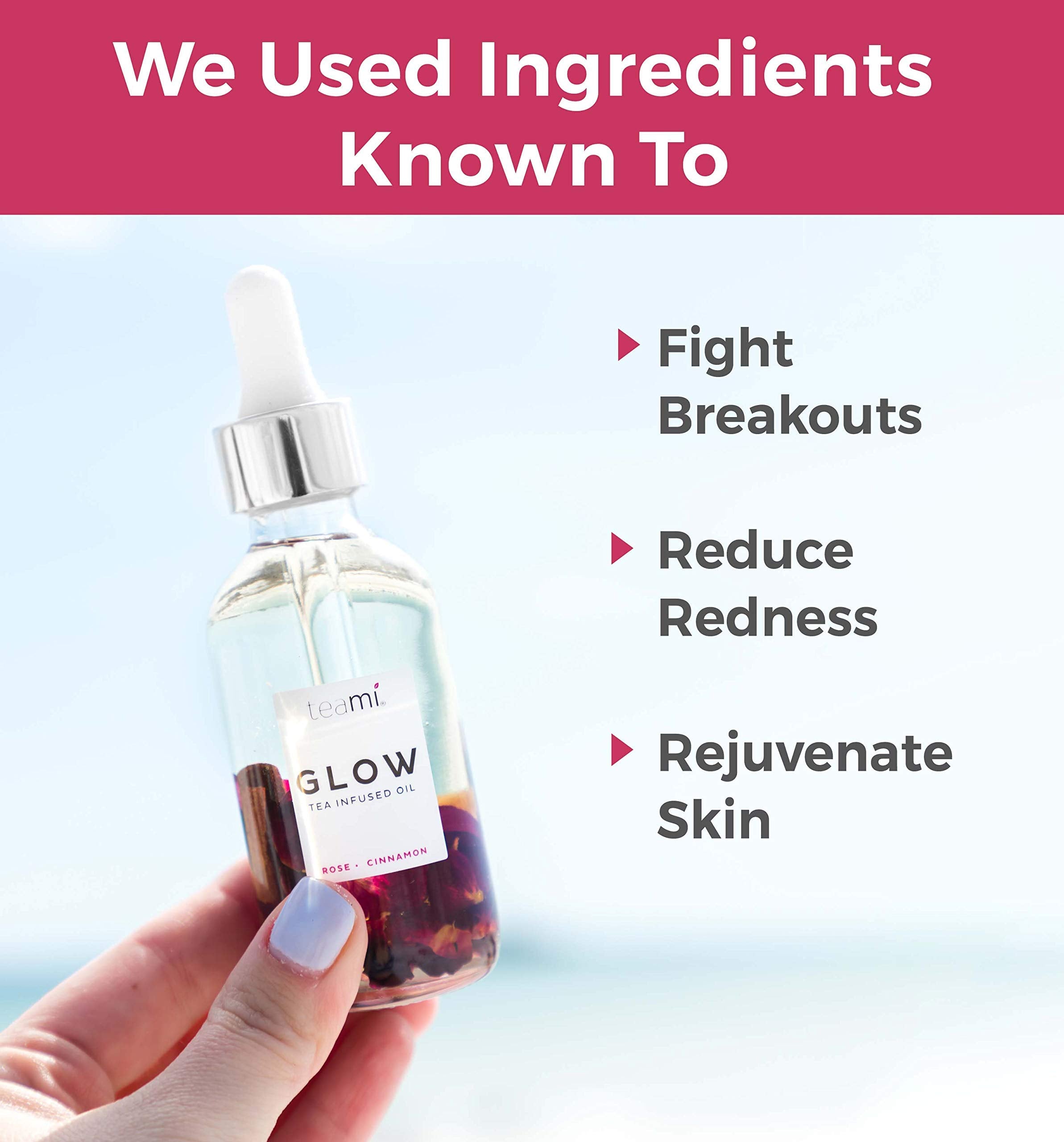 Teami Glow dropper applying 3-4 drops onto skin