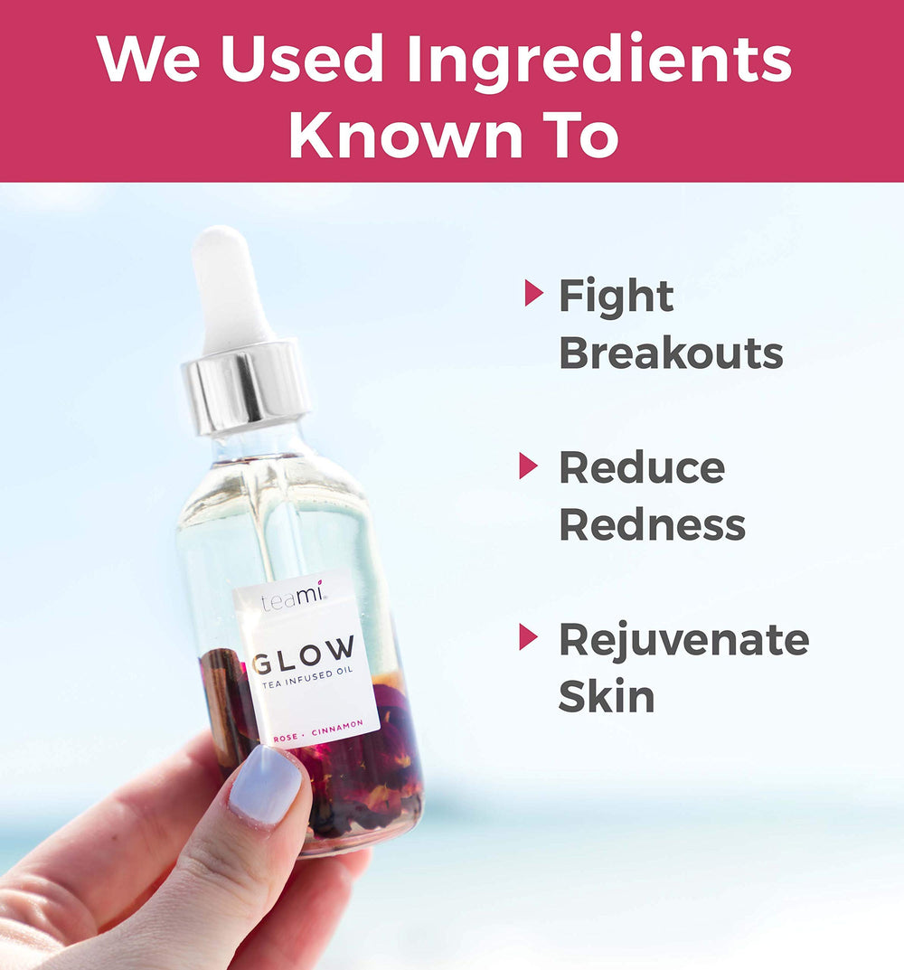 Teami Glow dropper applying 3-4 drops onto skin