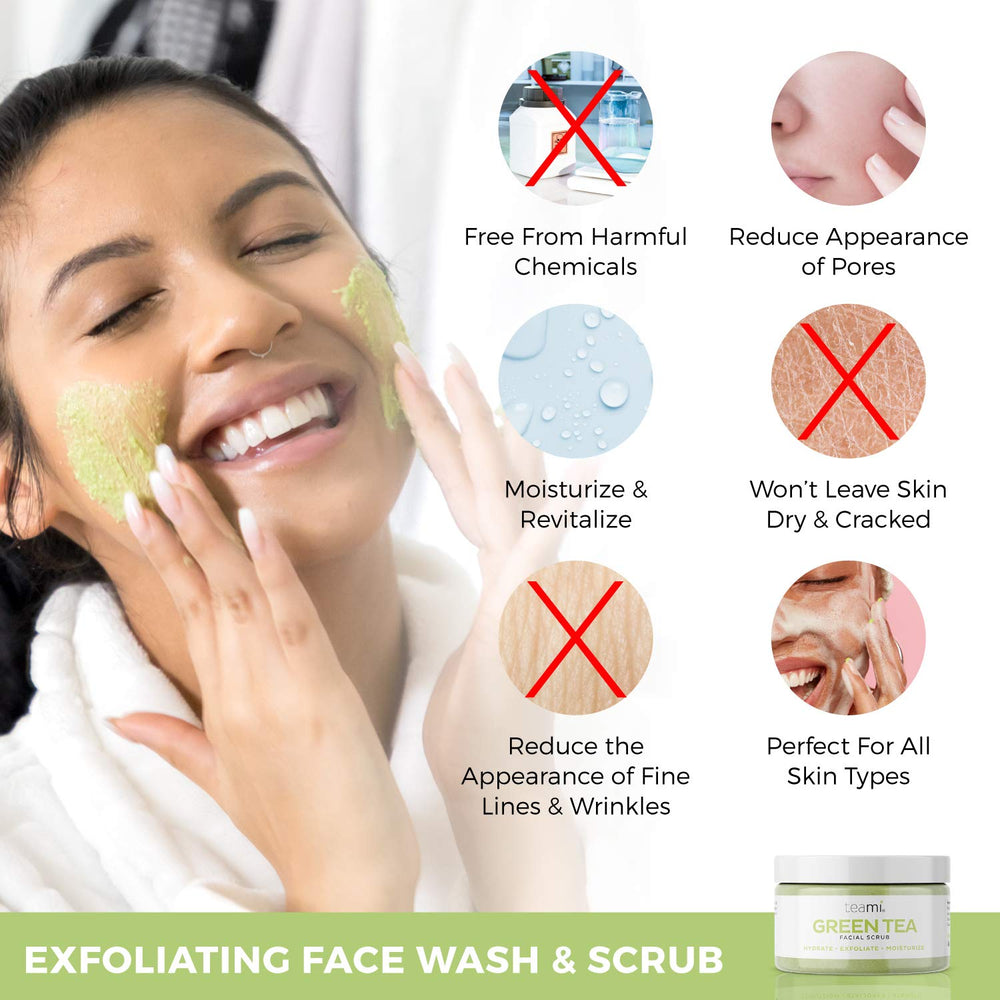 Teami matcha face scrub ingredients-closeup highlights green tea and lemongrass for a fresh scent.