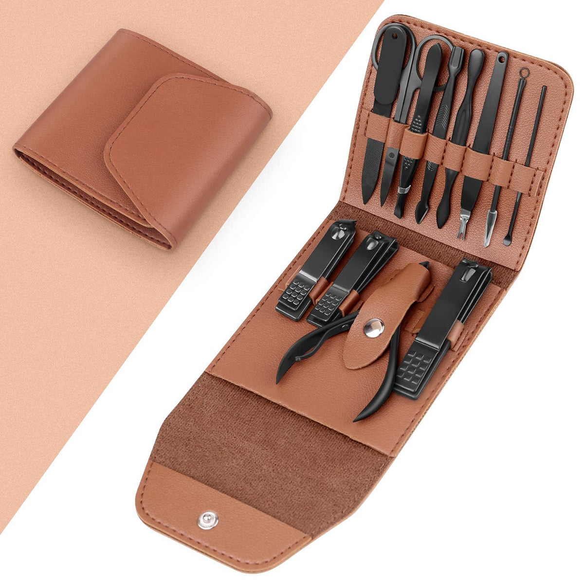 Teamkio 12-piece manicure set in leather case for travel and everyday grooming.