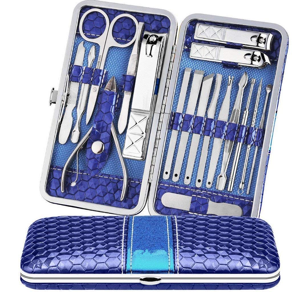 Teamkio 18-piece manicure set case open for travel or home grooming.