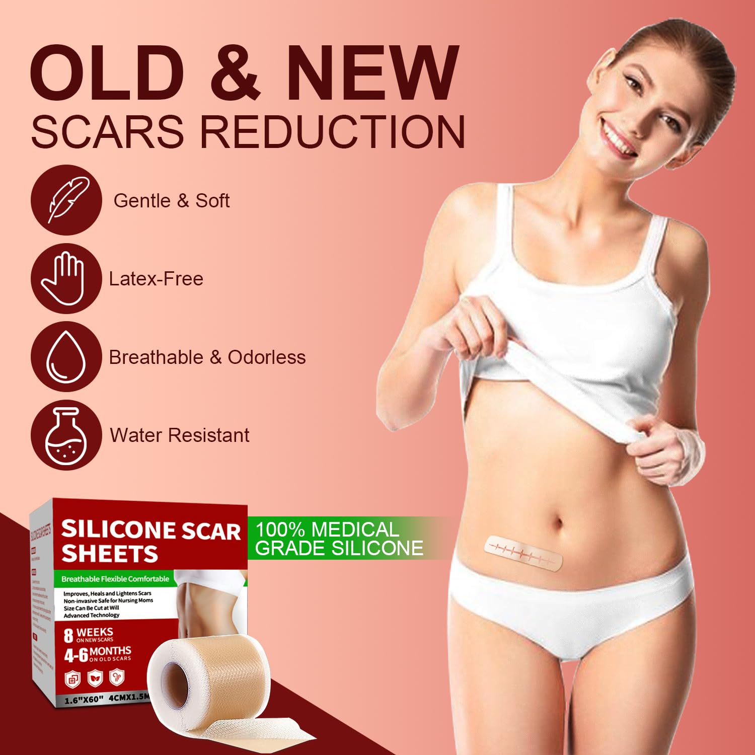 Tearich silicone scar tape close-up demonstrates soft silicone on healing skin.