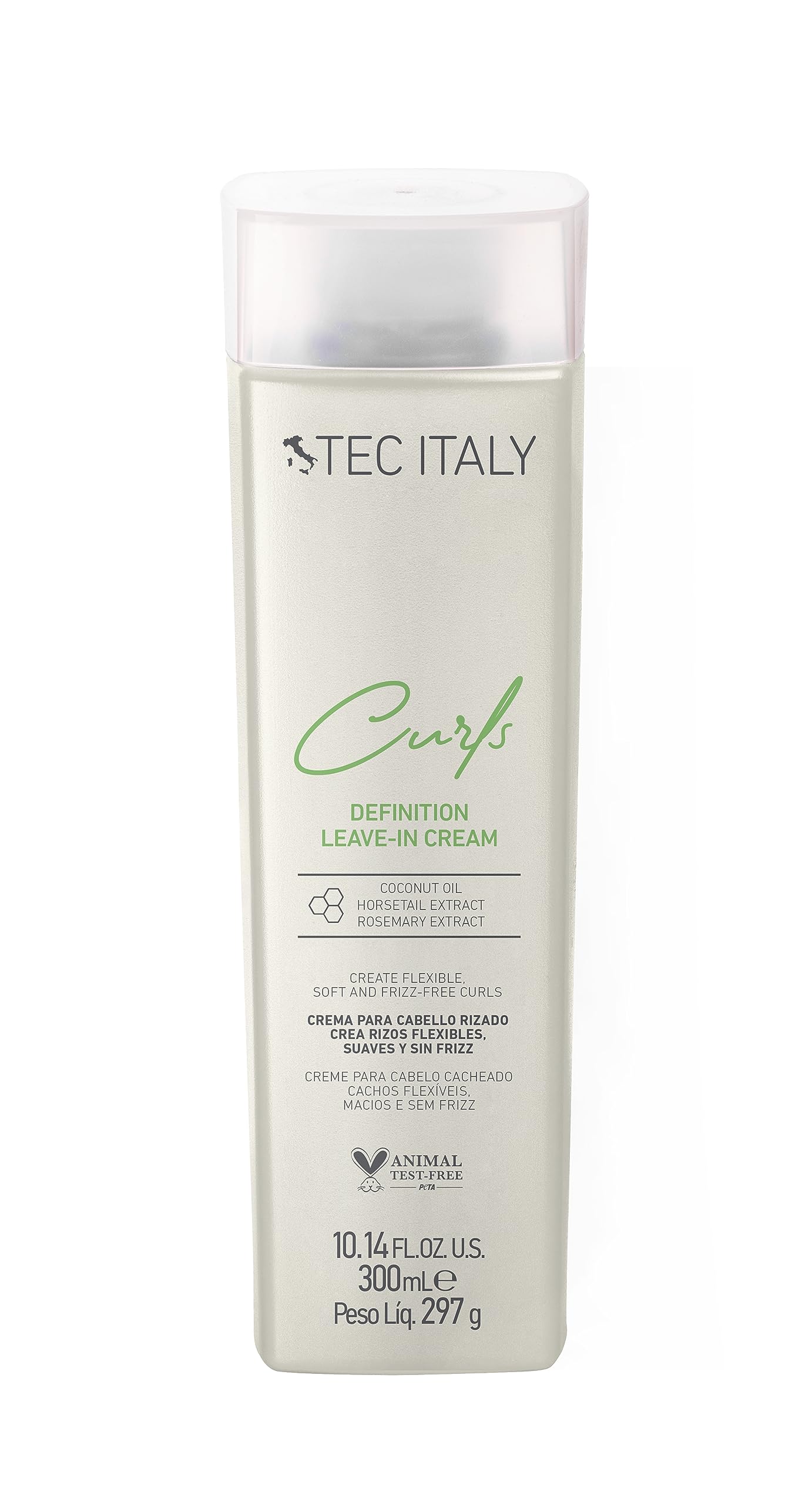 Tec Italy Curls Leave-In Cream bottle with label, highlighting hydration and frizz control.