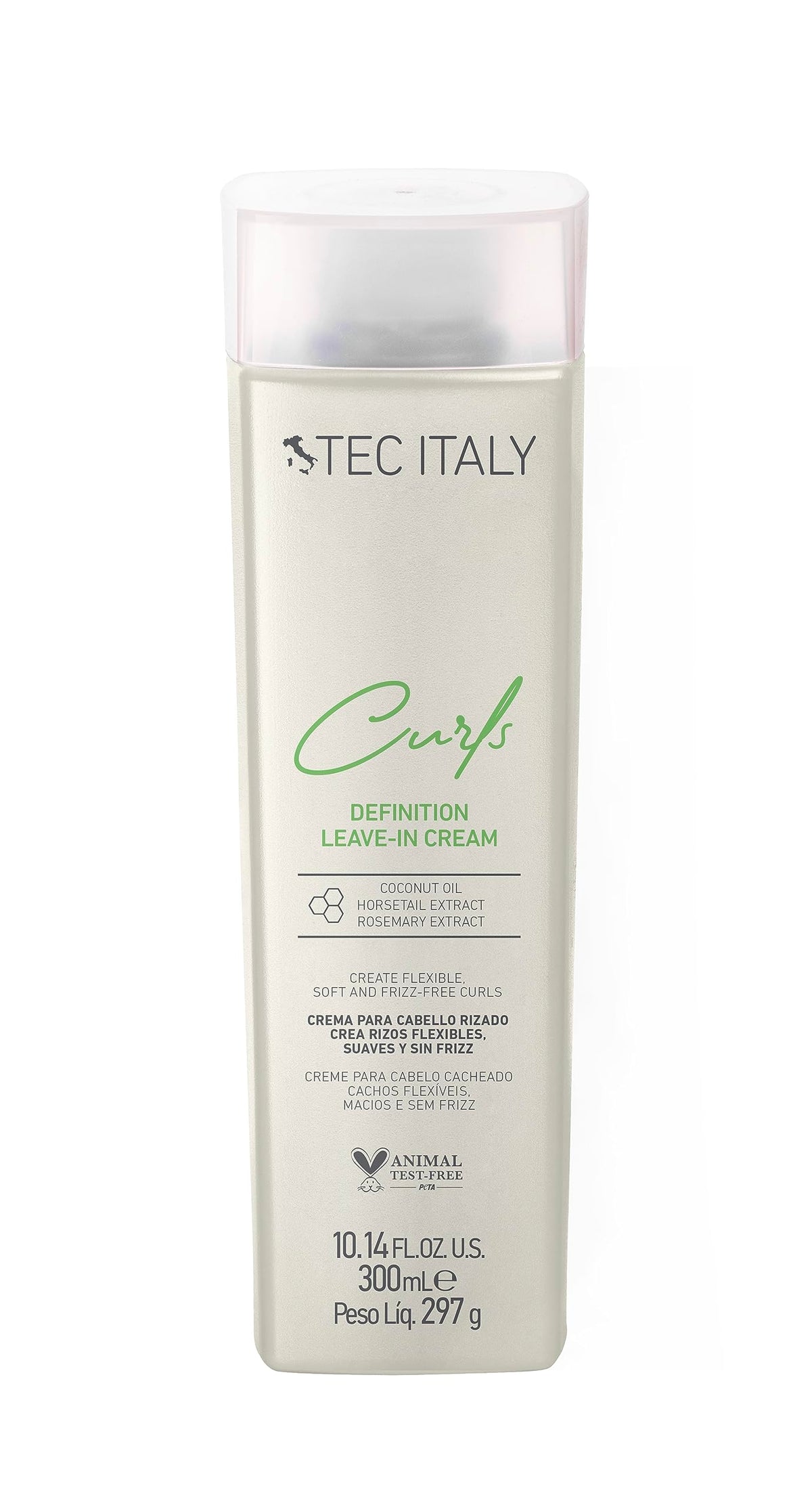 Tec Italy Curls Leave-In Cream bottle with label, highlighting hydration and frizz control.