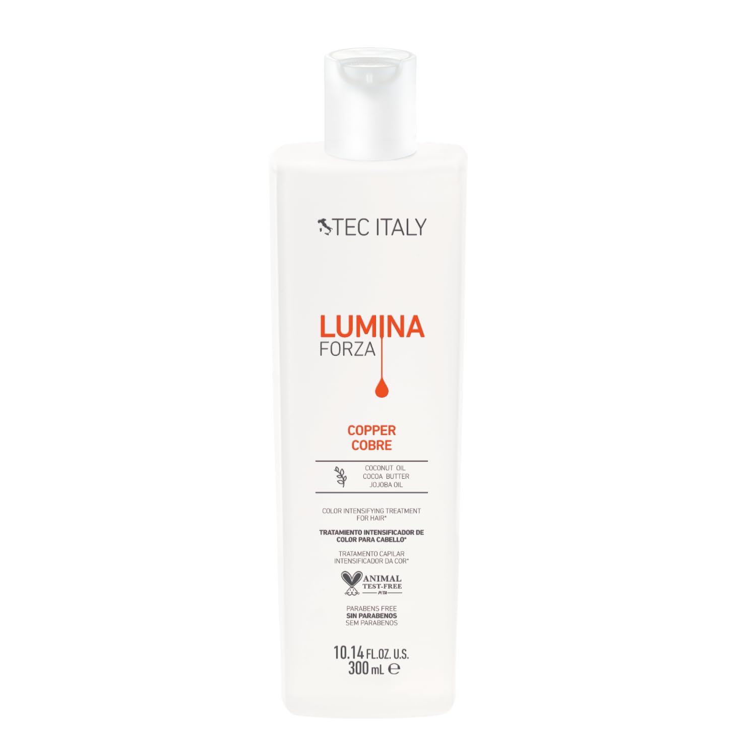 Tec Italy Lumin Hair Treatment bottle showcases a sleek package, enhancing color depth and hair softness.