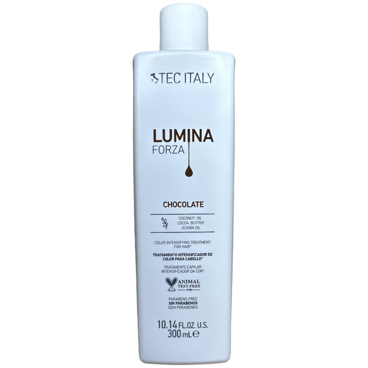 Tec Italy Lumina Forza bottle showing rich color deposition for chocolate-brown hair, boosting depth.