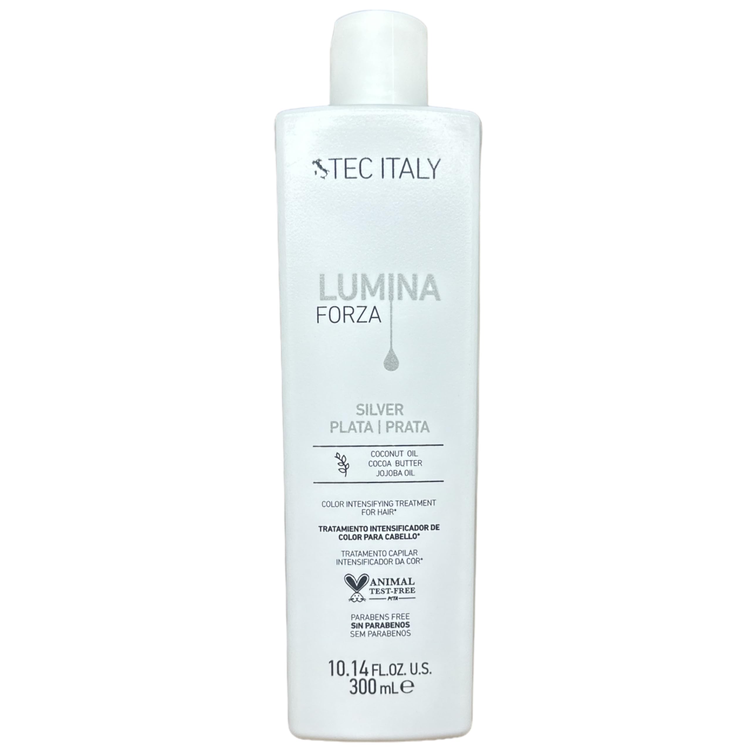 Tec Italy Lumina Forza silver hair bottle shows color correction and shine for gray hair