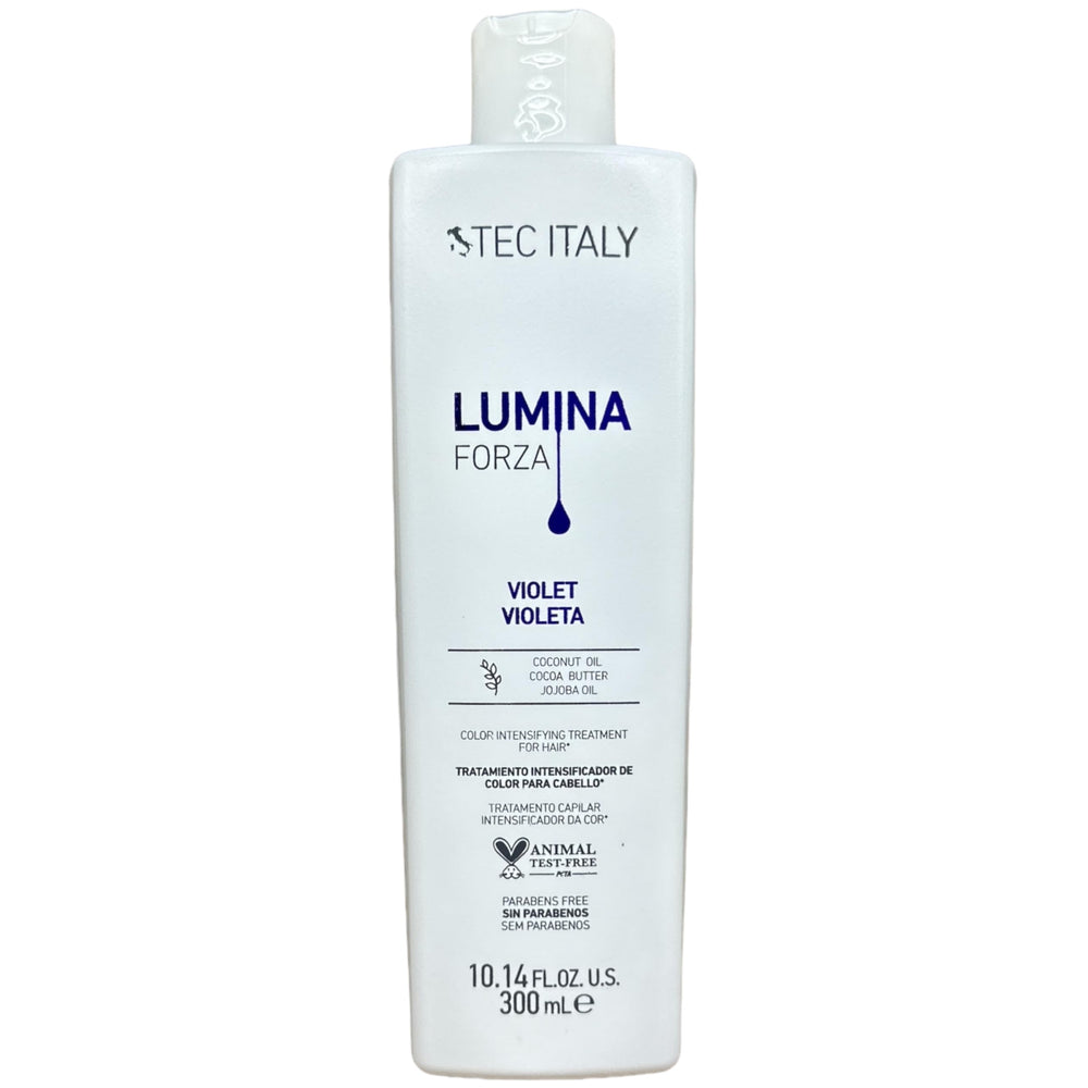 Tec Italy Lumina Forza violet bottle for neutralizing yellow tones and boosting shine in blonde or gray hair