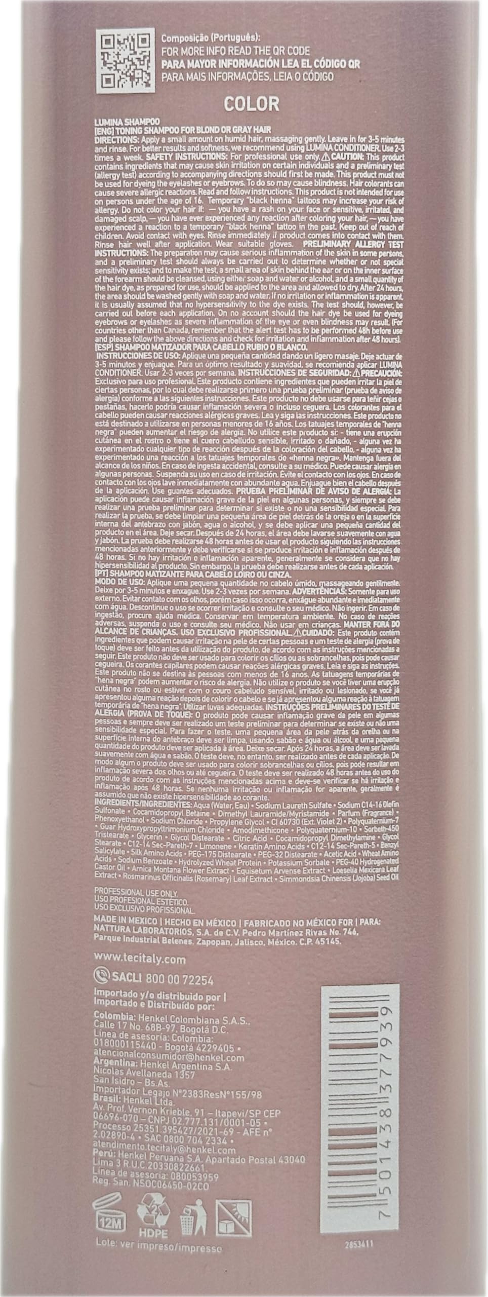 Tec Italy Lumina Shampoo on bleached hair demonstrating purple toning to neutralize yellow.