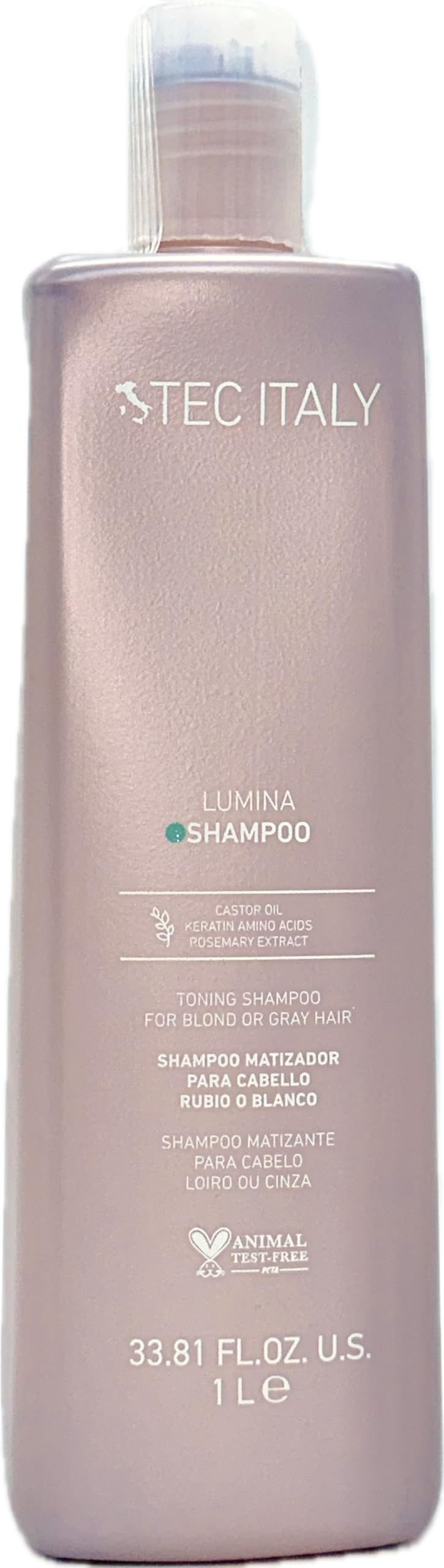 Tec Italy Lumina Shampoo bottle closeup showing violet toning for blonde and gray tones.