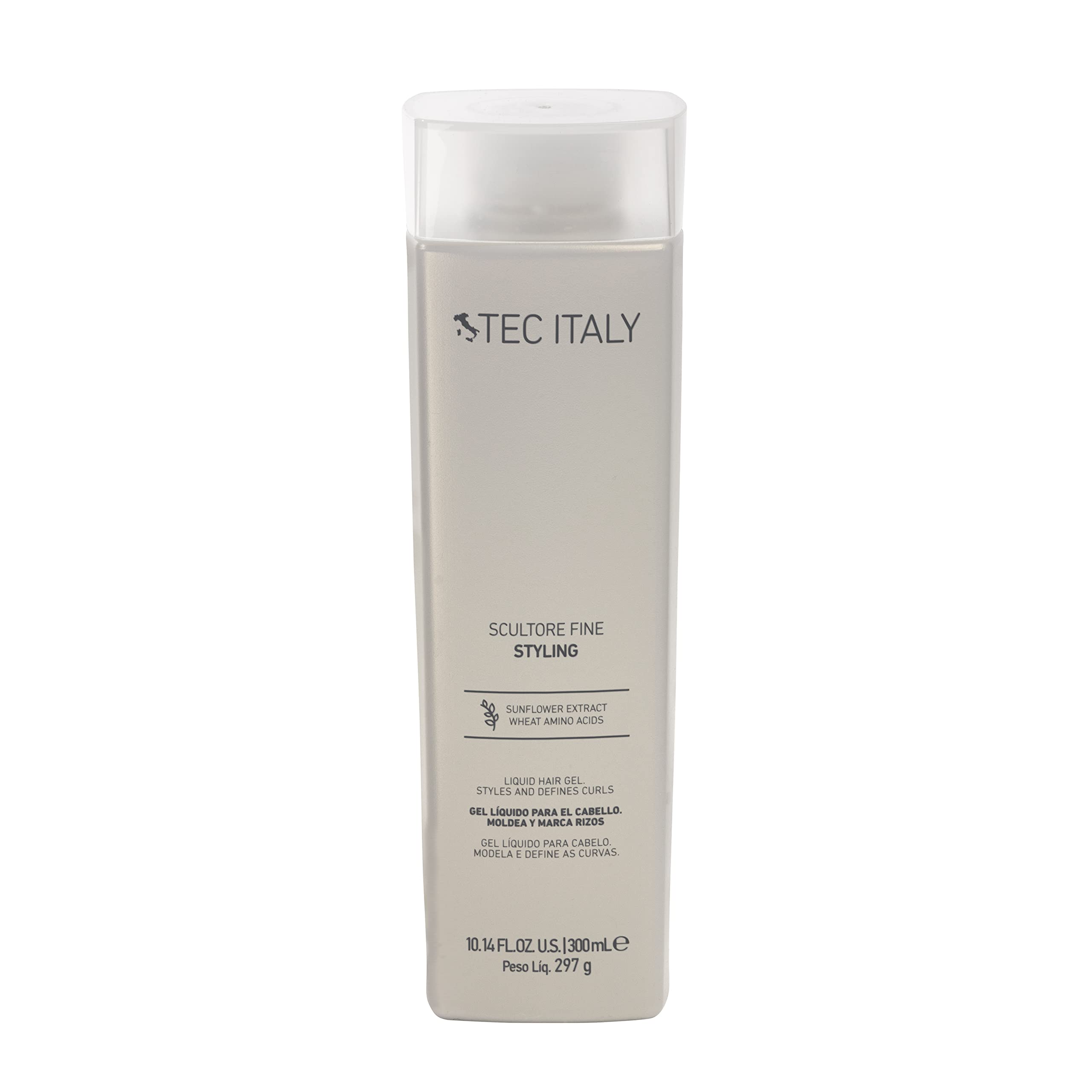 TEC Scultore Fine Liquid Hair Gel bottle demonstrates curl control, texture, and moisture-friendly shine