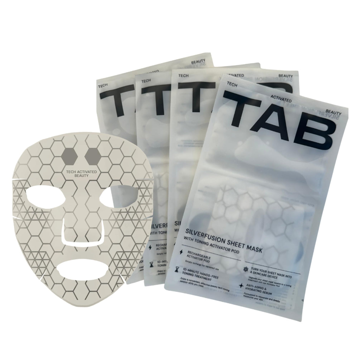 Tech Activated Beauty SilverFusion mask close-up highlighting silver-infused surface for hydration.