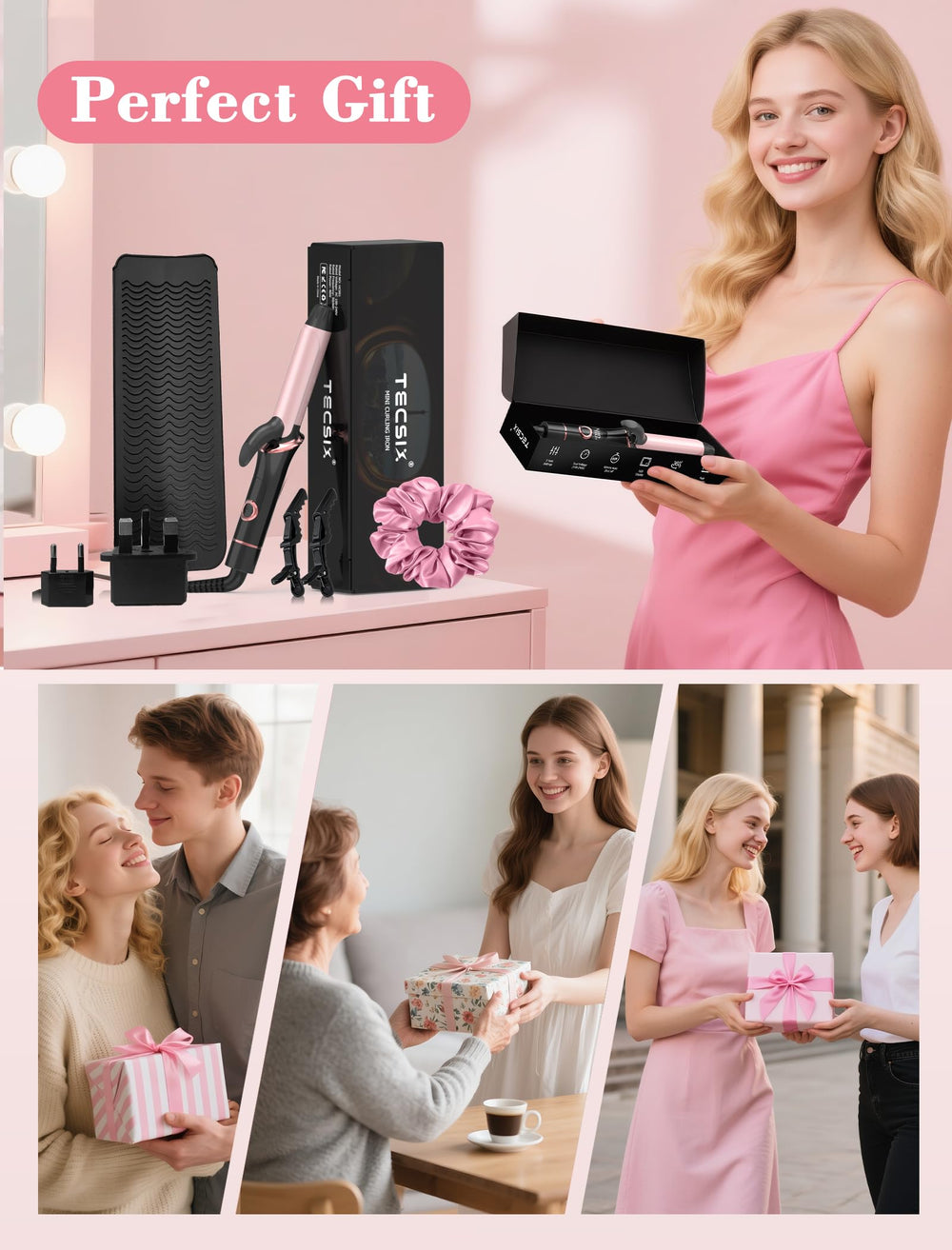 TECSIX gift-ready travel curling iron packaging for gifting