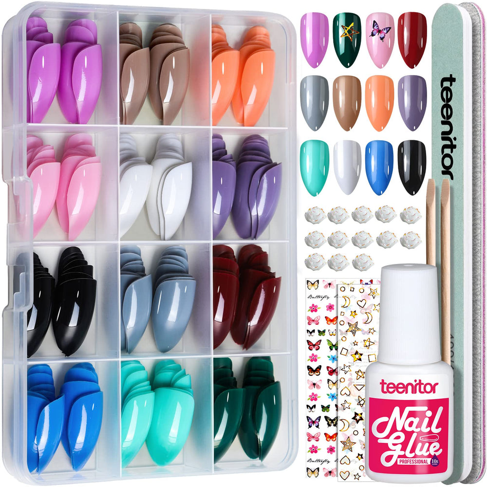 Teenitor almond press-on nails in 12 colors offer quick at-home manicure options