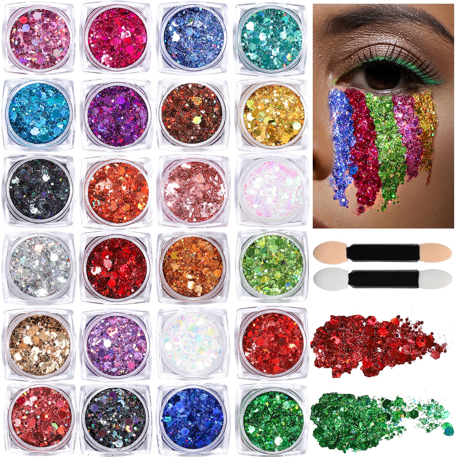 Teenitor 24 color glitter gel on the face adds bright sparkle for a bold look.