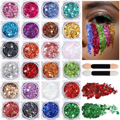 Teenitor 24 color glitter gel on the face adds bright sparkle for a bold look.