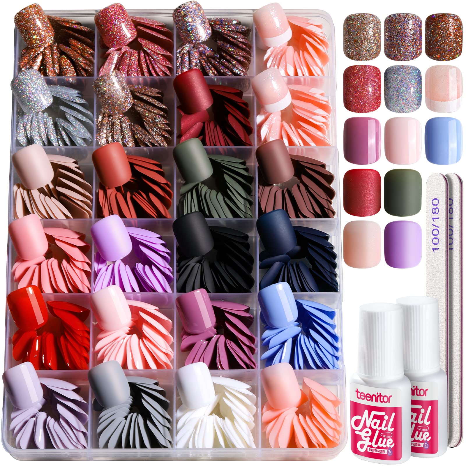 Teenitor 576Pcs short square press-on nails kit for secure at-home manicure.