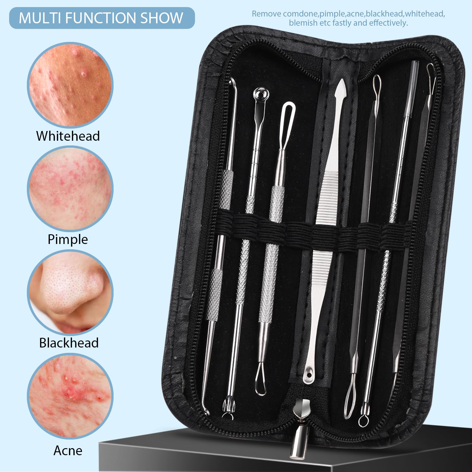 Teenitor acne tools set with dual-ended tips for versatility.