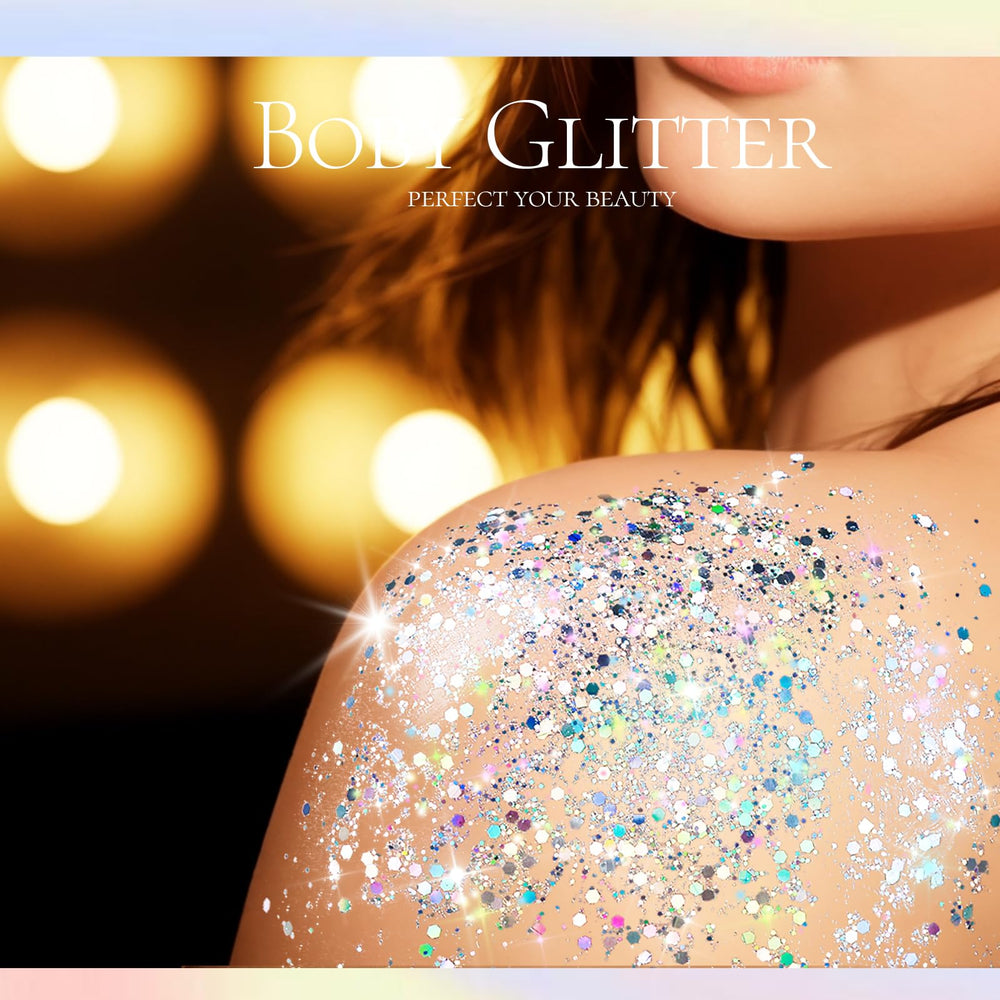 Versatile Teenitor glitter for body, hair, and face applications at events.