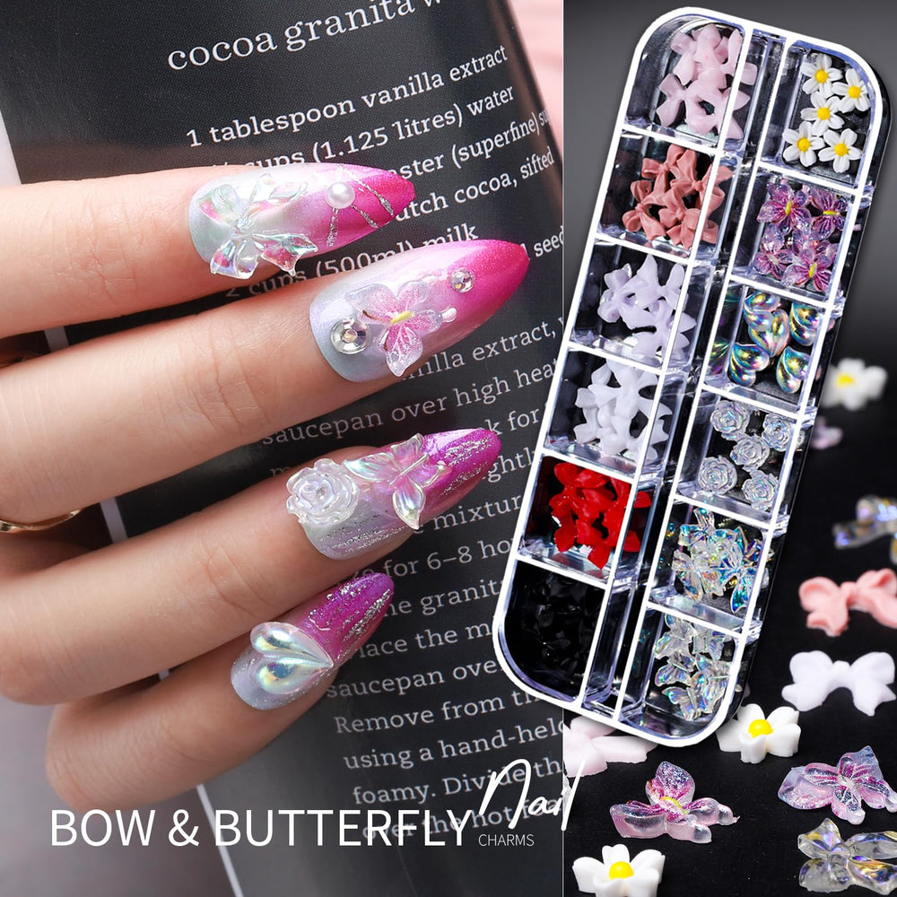 Teenitor bow and butterfly charms create delicate 3D nail accents