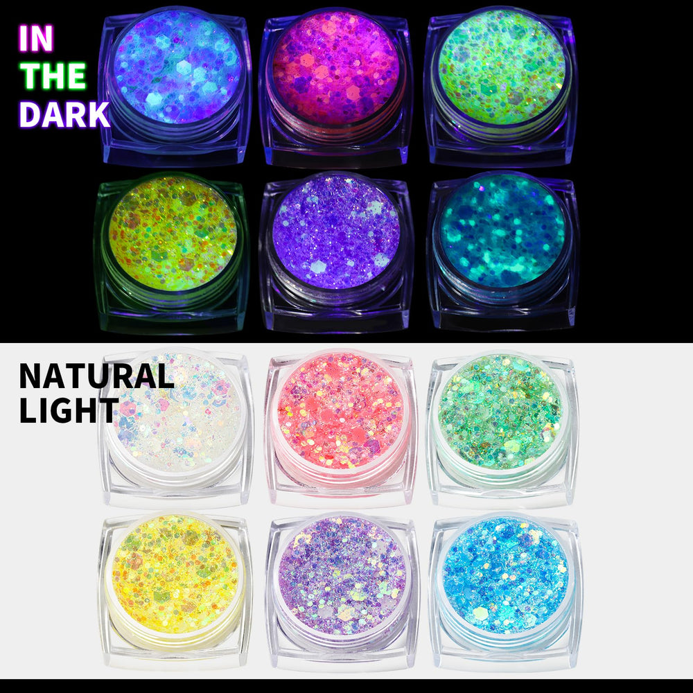 Teenitor face glitter gel swatch on cheek glowing under black light for party looks.