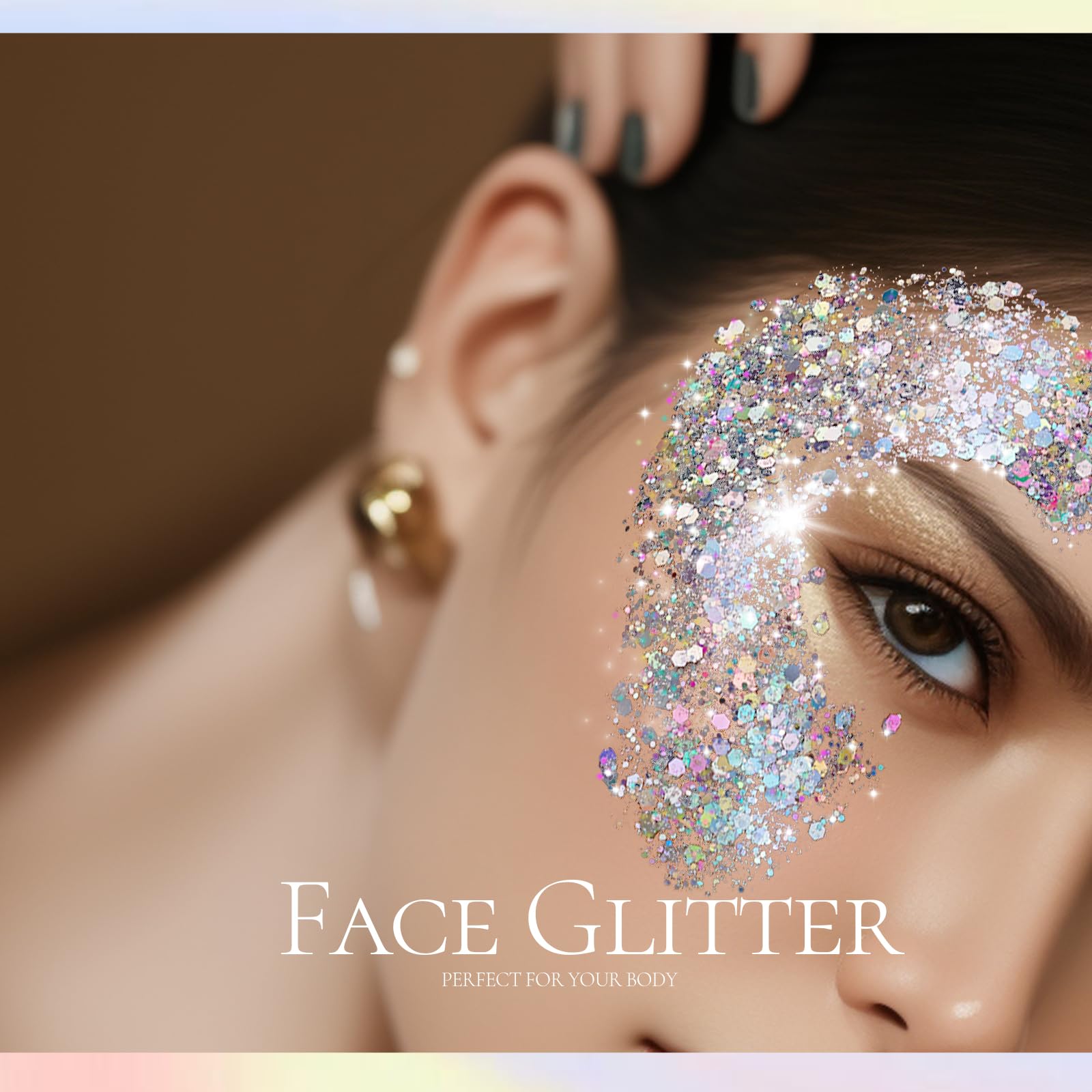 Festival-ready look with Teenitor glitter enhances eye and skin glow.