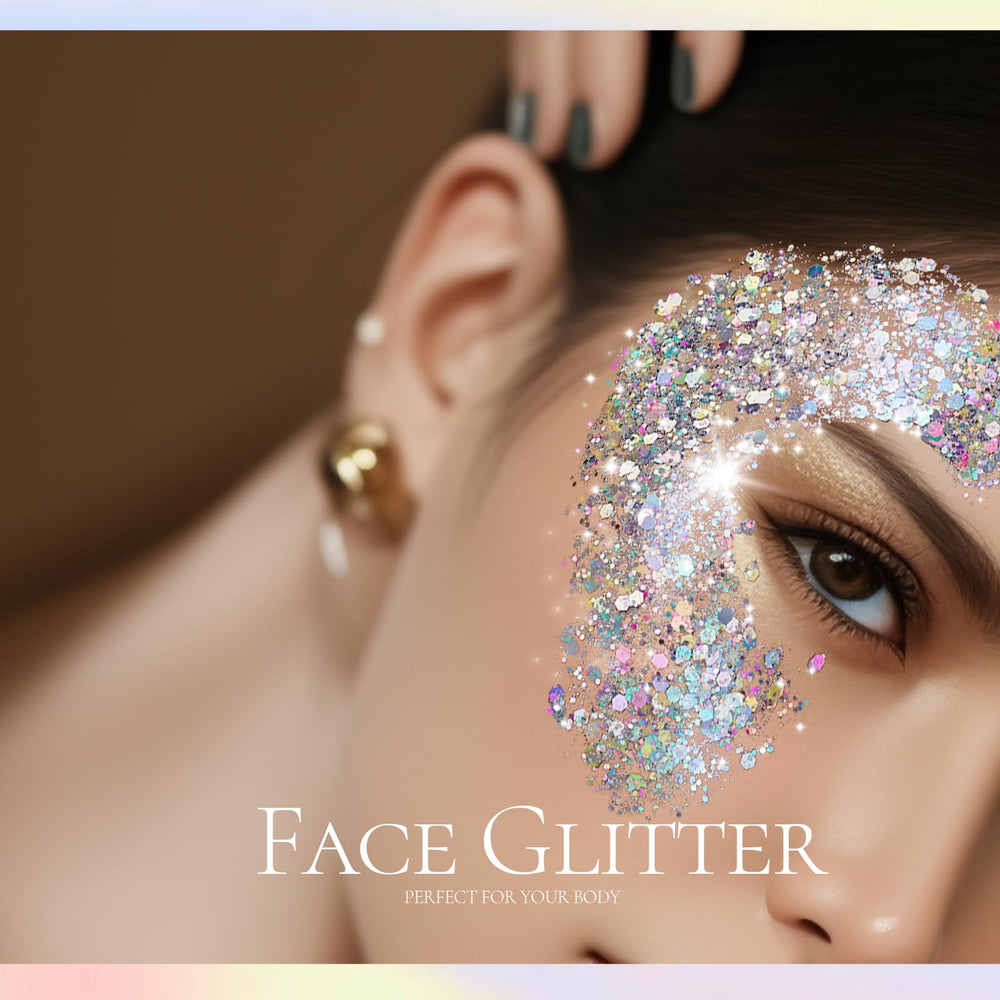 Festival-ready look with Teenitor glitter enhances eye and skin glow.