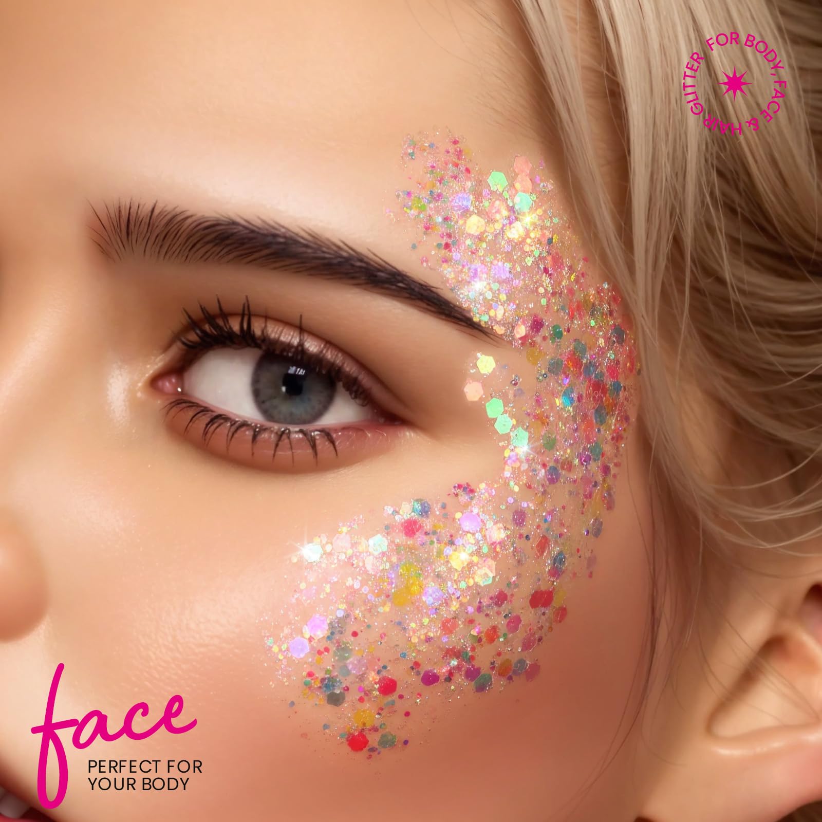 Teenitor festival glitter look for party-ready sparkle in lights.