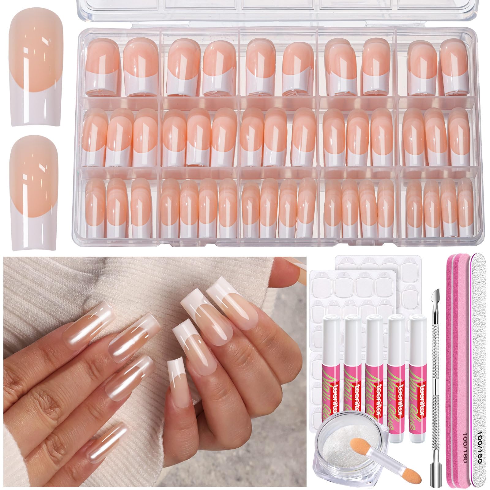 Teenitor long square French tip nails show quick glam and versatility