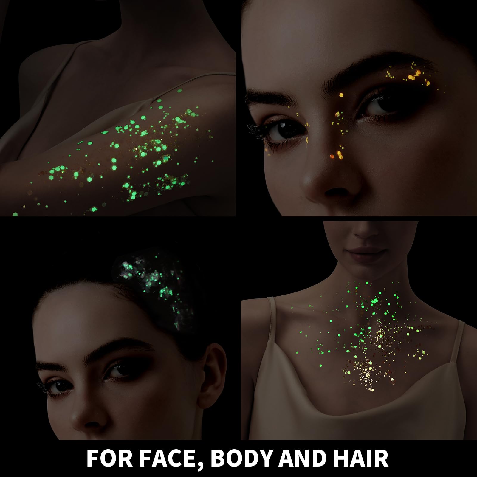 Teenitor glitter makeup on eyelids under UV light for concert-ready glow.