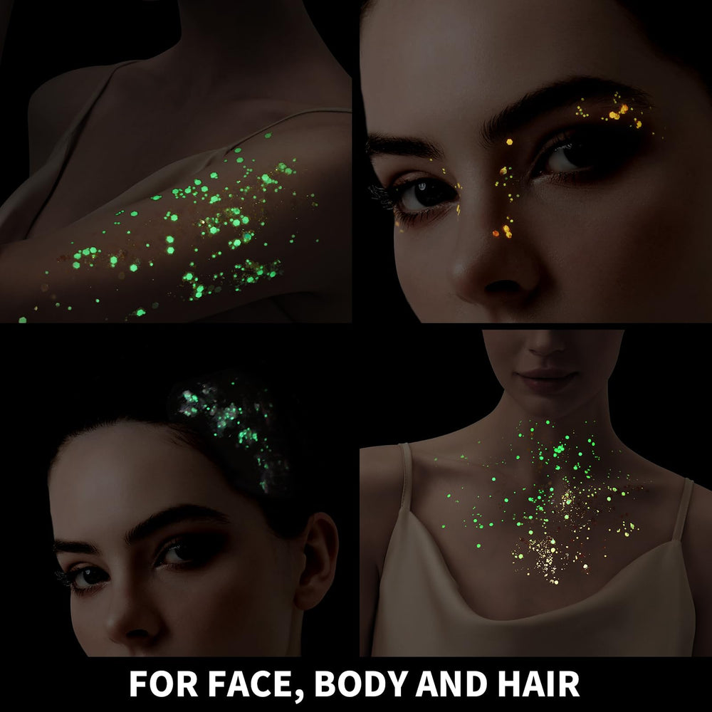 Teenitor glitter makeup on eyelids under UV light for concert-ready glow.