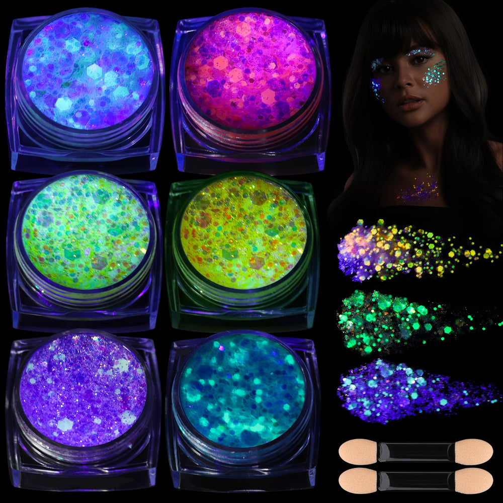 Teenitor glow in the dark glitter gel on hand under UV light for festival makeup.