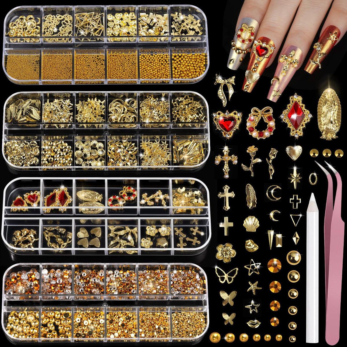 Teenitor gold nail charms in 12 styles for luxe nail art designs