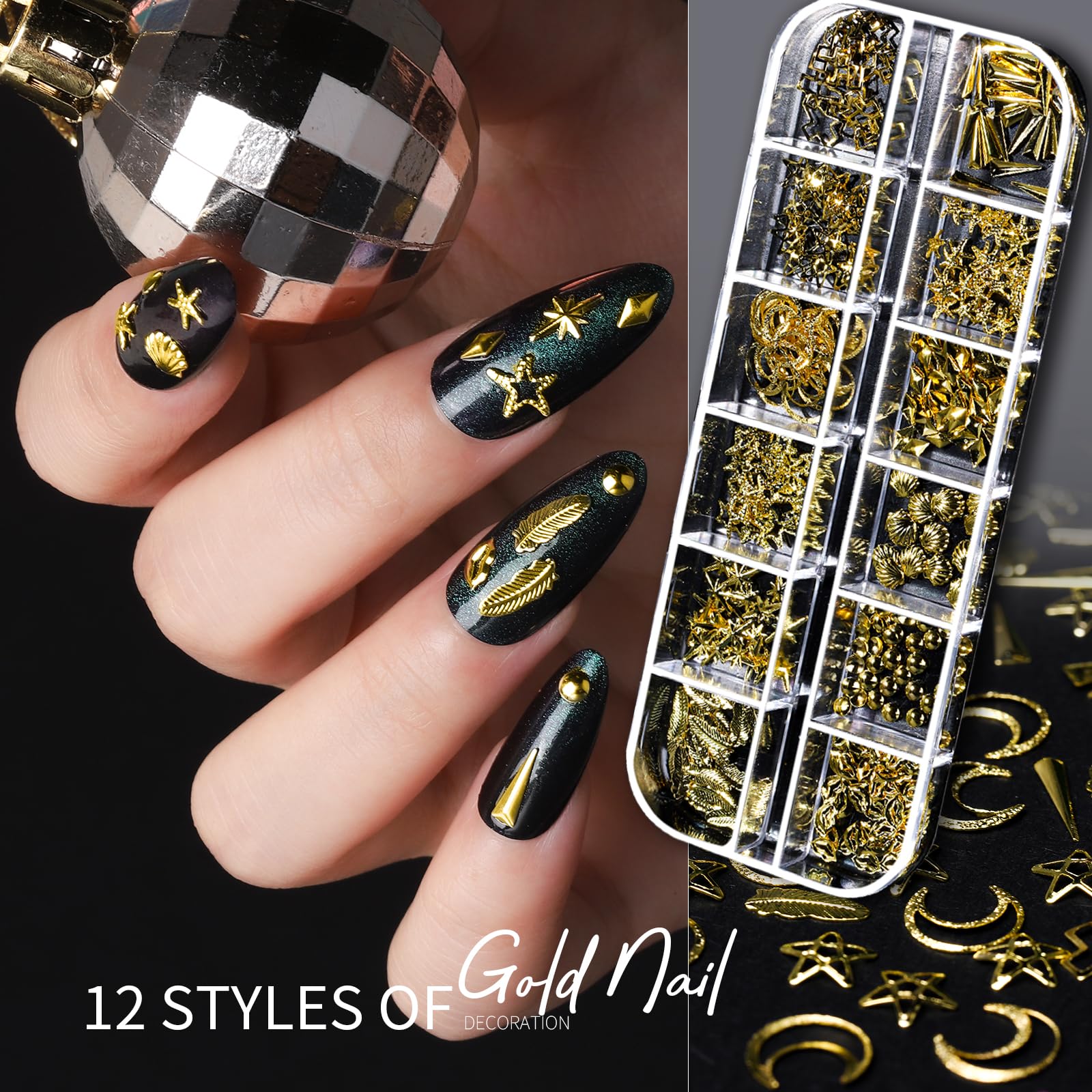 Teenitor gold nail charms offer 12 styles for versatile nail art
