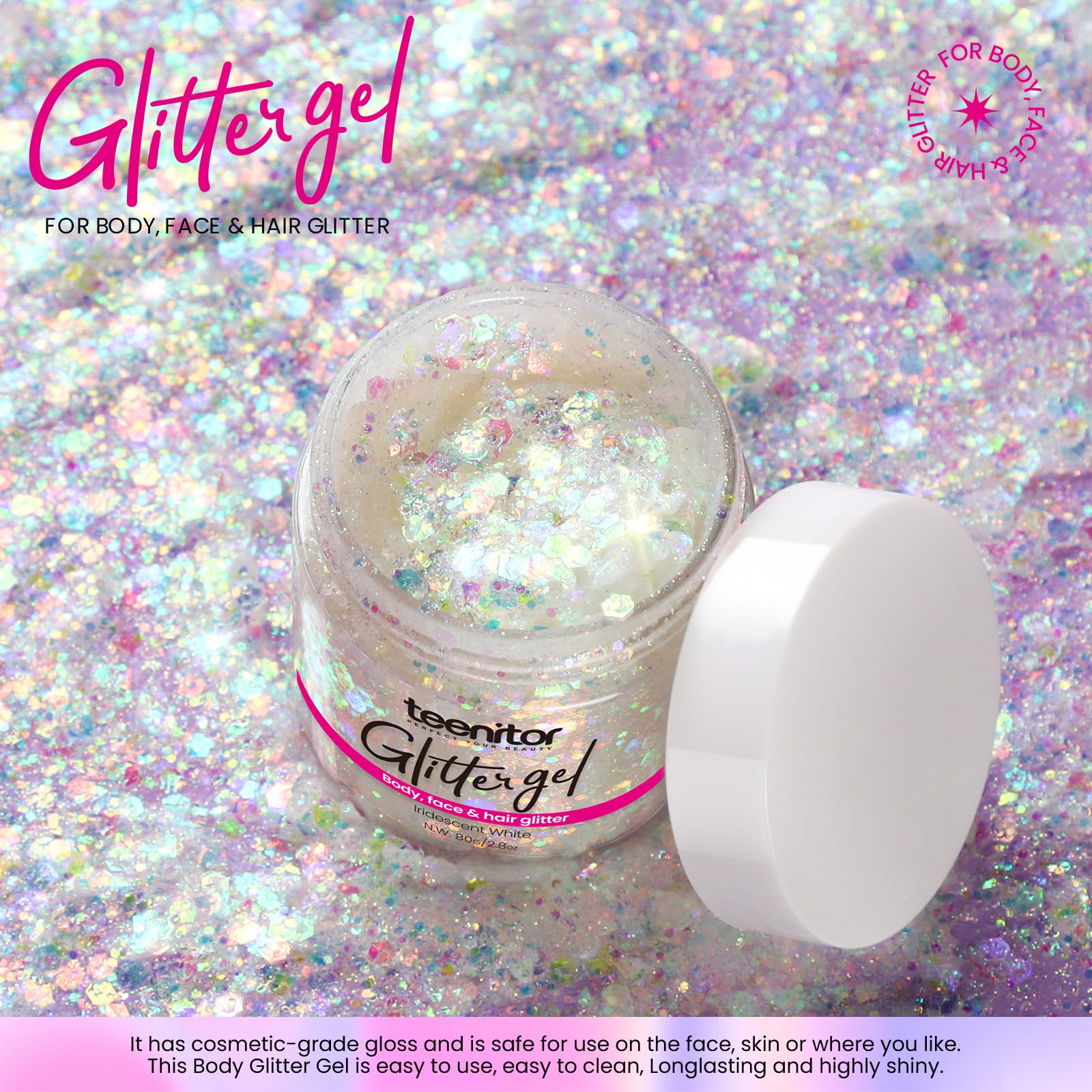Teenitor hair glitter application adds iridescent shine to the hair.