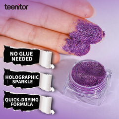 Teenitor holographic purple shimmer provides long-lasting sparkle on skin.