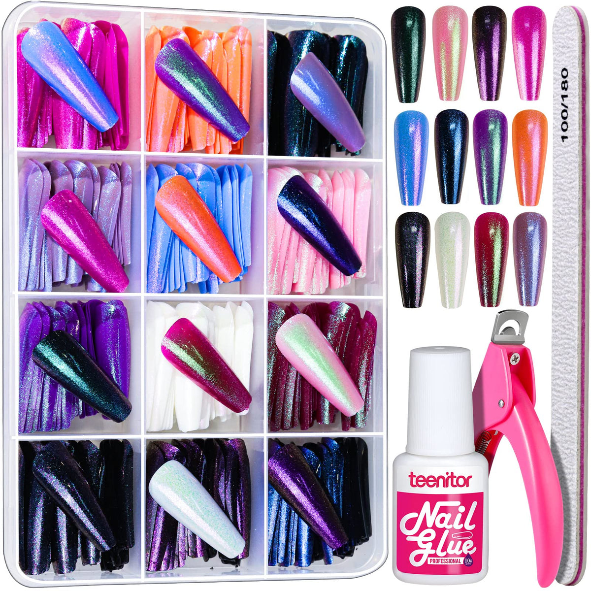Teenitor long chrome press-on nails kit displayed for at-home manicure versatility