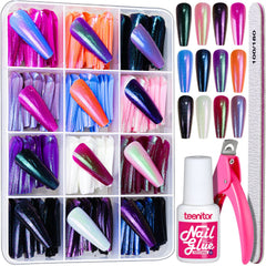 Teenitor long chrome press-on nails kit displayed for at-home manicure versatility