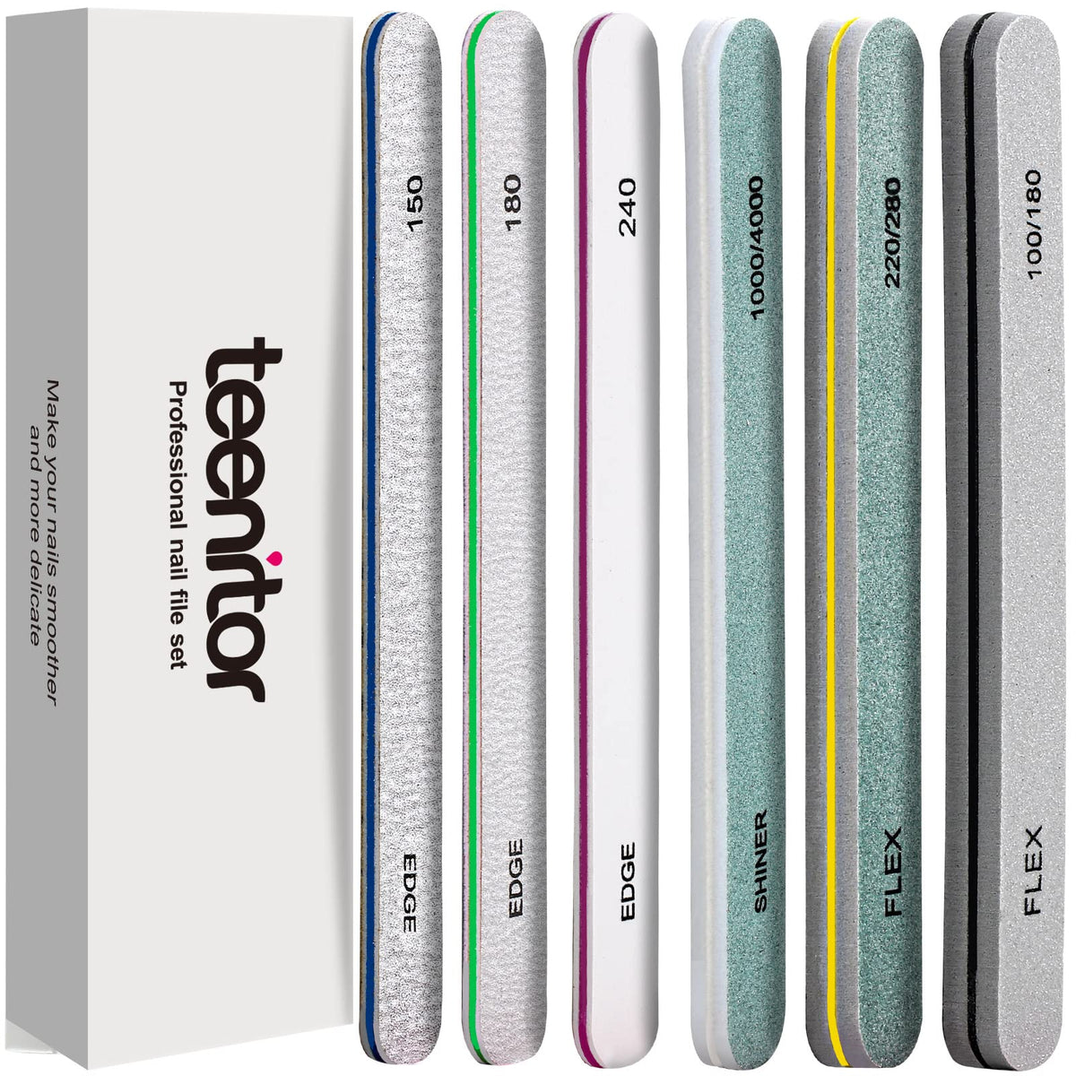 Teenitor nail file buffer set showing nine grits for versatile shaping and smoothing.