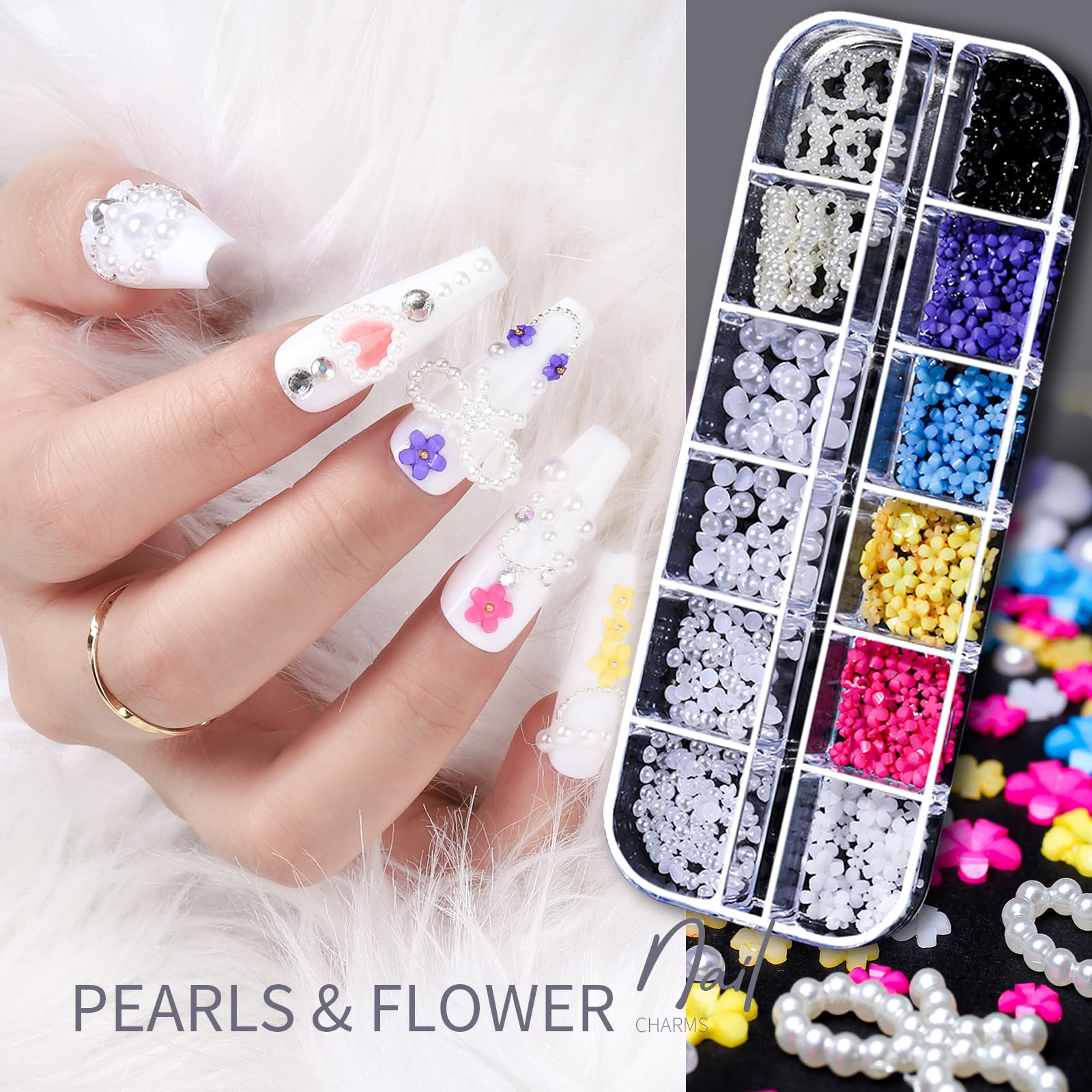 Teenitor pearl and flower charms inspire floral nail decor