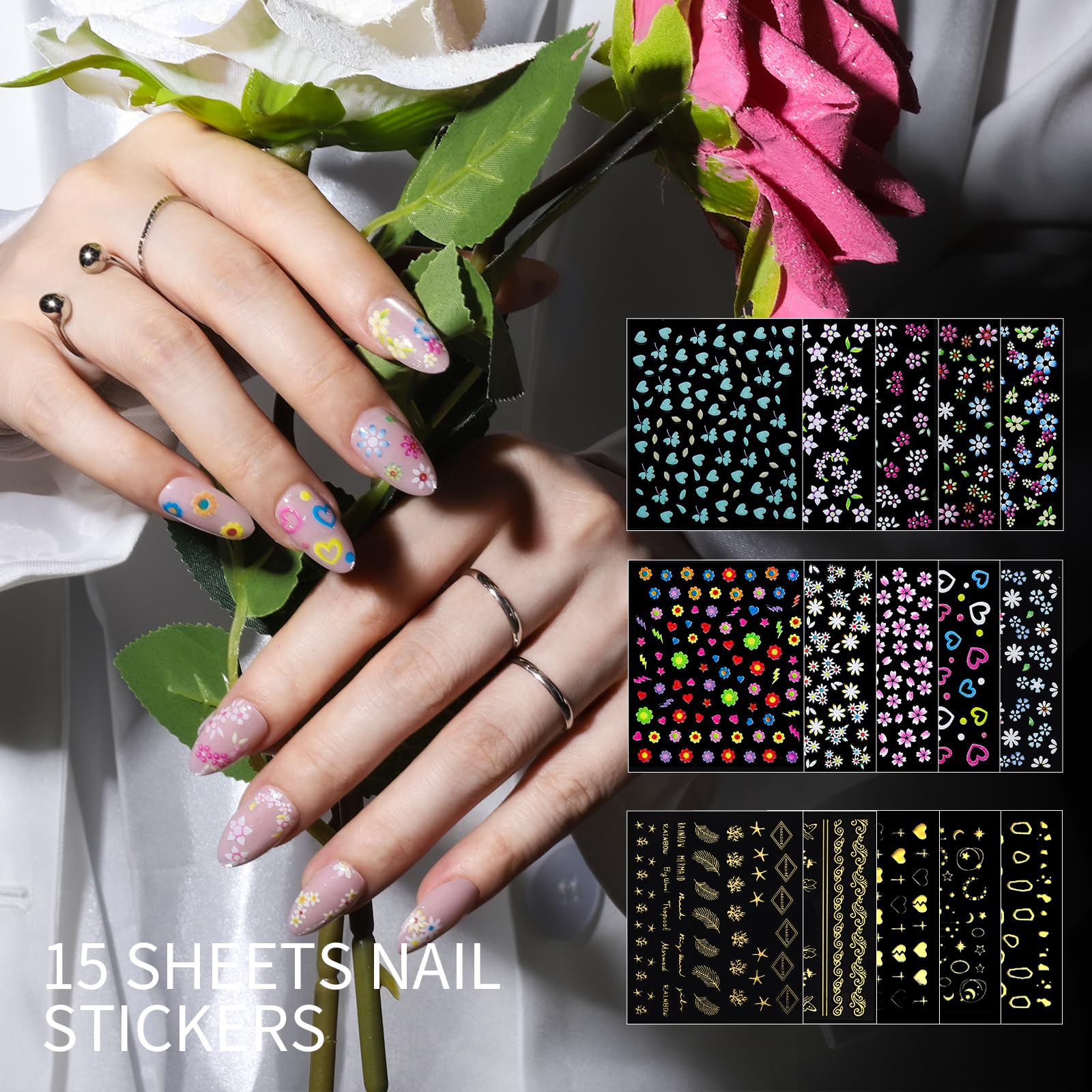 Teenitor 15 nail sticker styles with included tools for easy application.