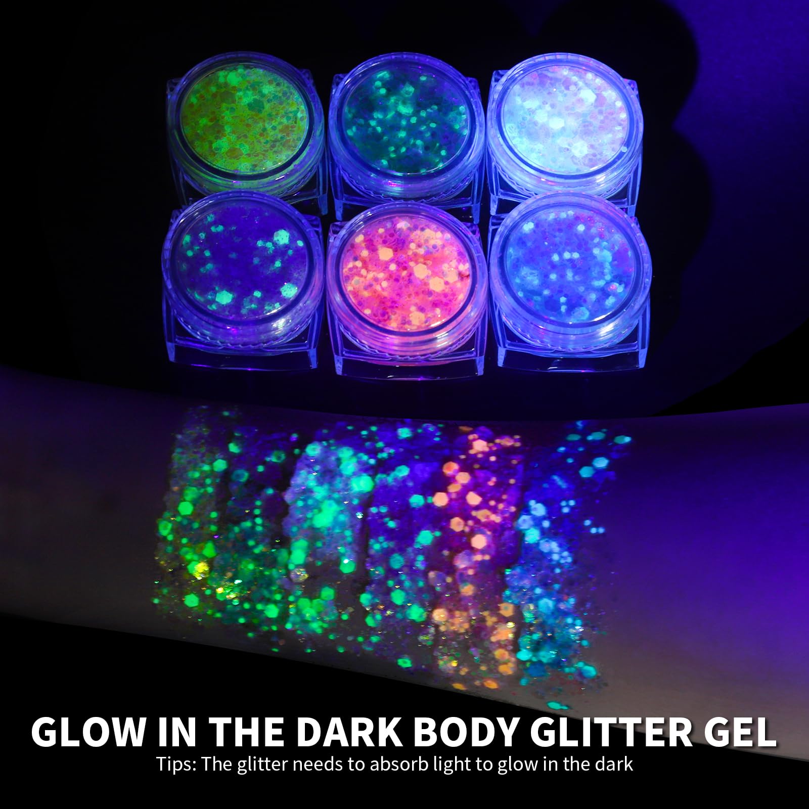 Teenitor portable glitter gel jars lined up for festival kit.