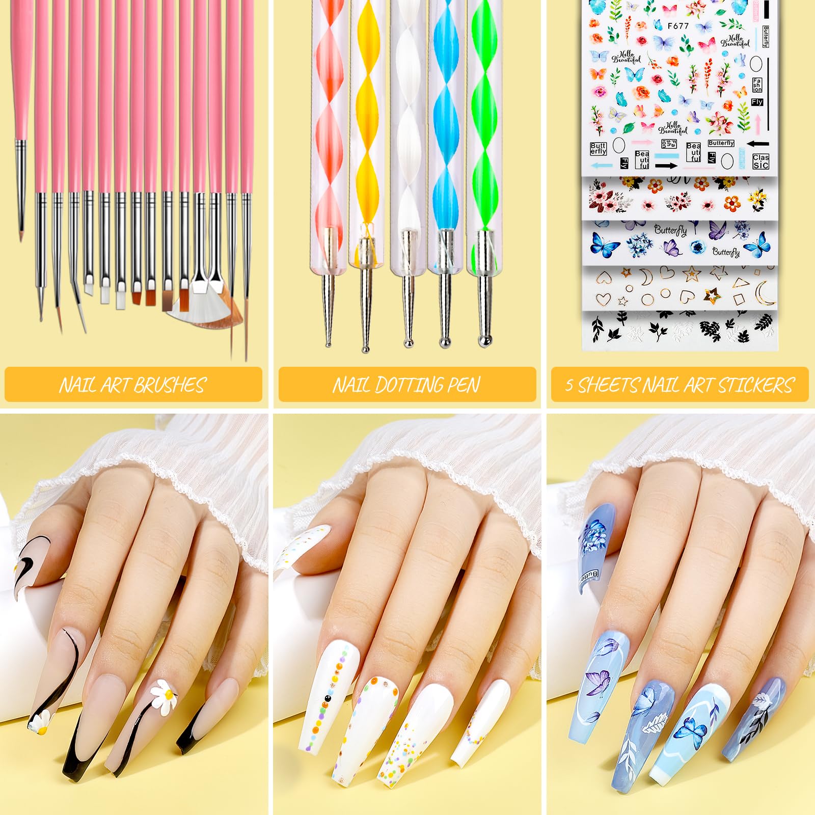 Teenitor press-on kit: art brushes set for precise nail designs.