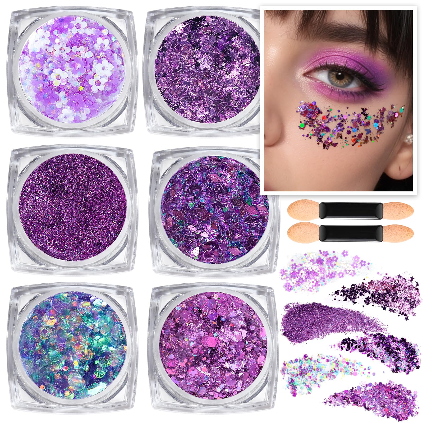 Teenitor purple body glitter gel jar close-up showing six shapes for bold festival looks.