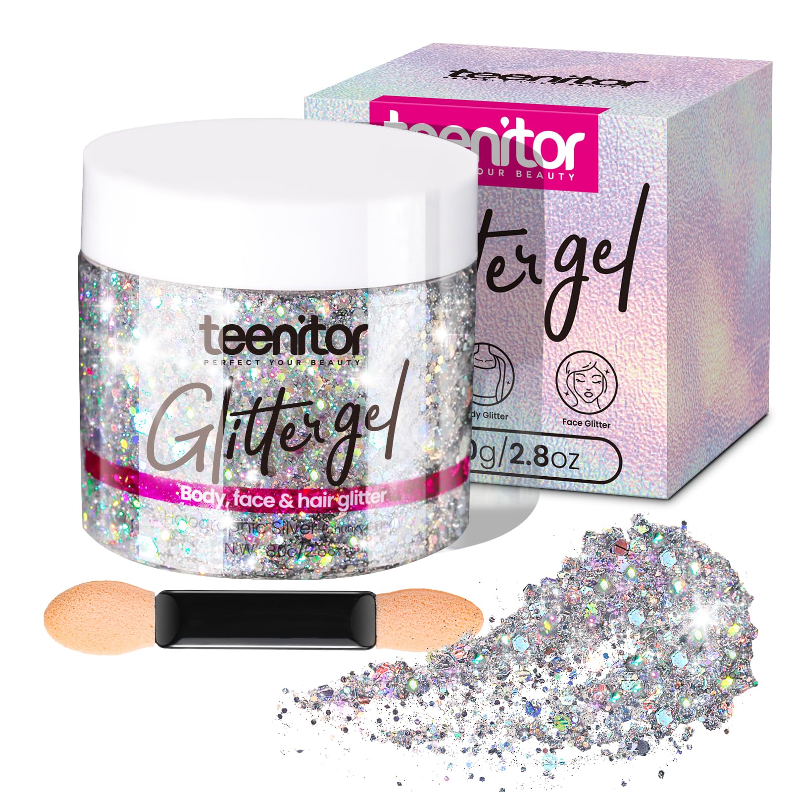 Teenitor silver body glitter gel jar showing bold shine and quick-drying finish.
