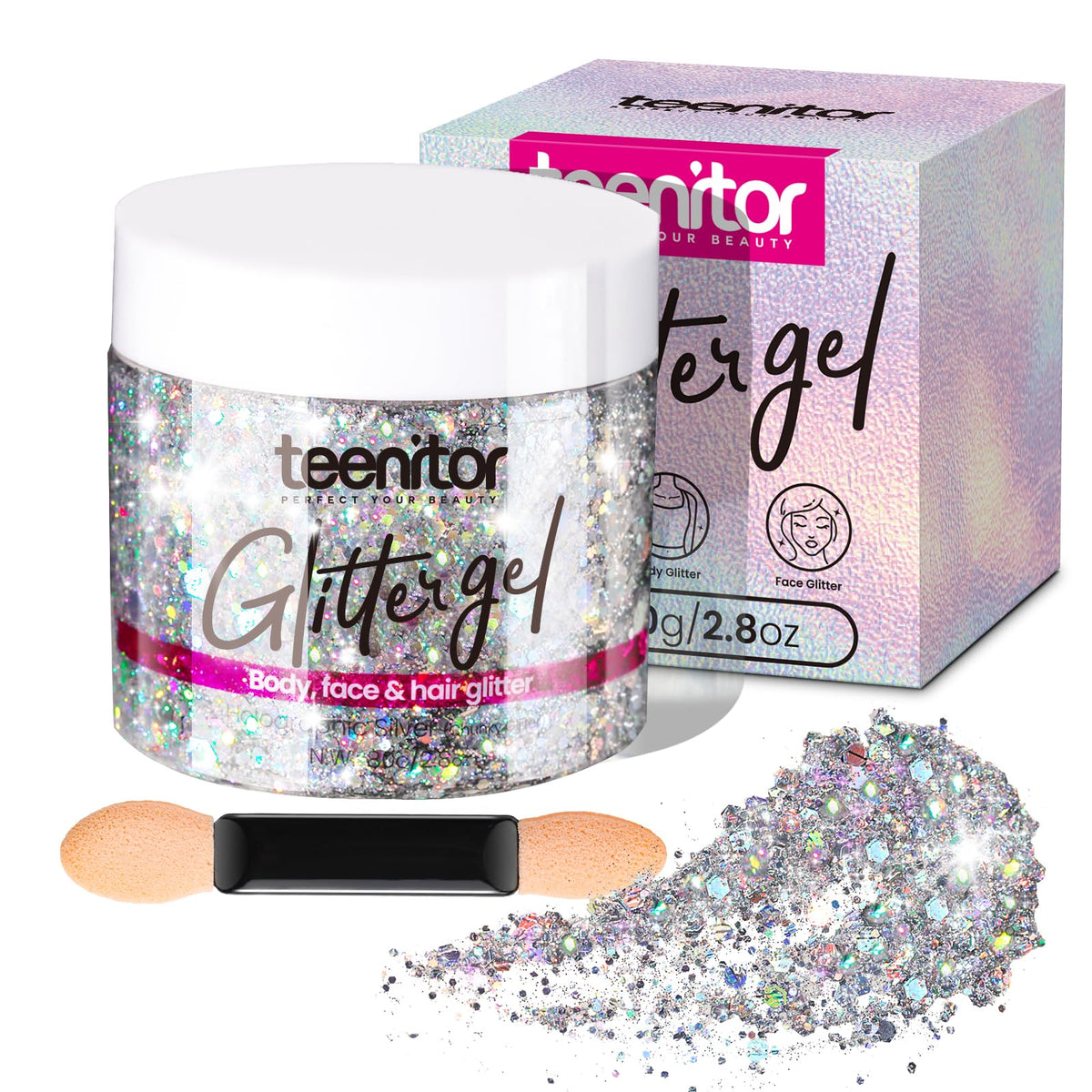Teenitor silver body glitter gel jar showing bold shine and quick-drying finish.